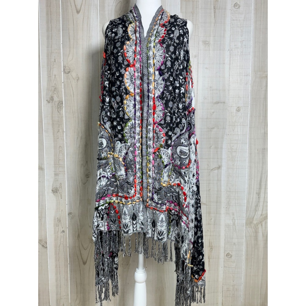 Soft Surroundings Open Front Paisley Fringe Vest Embroidered Boho One Size